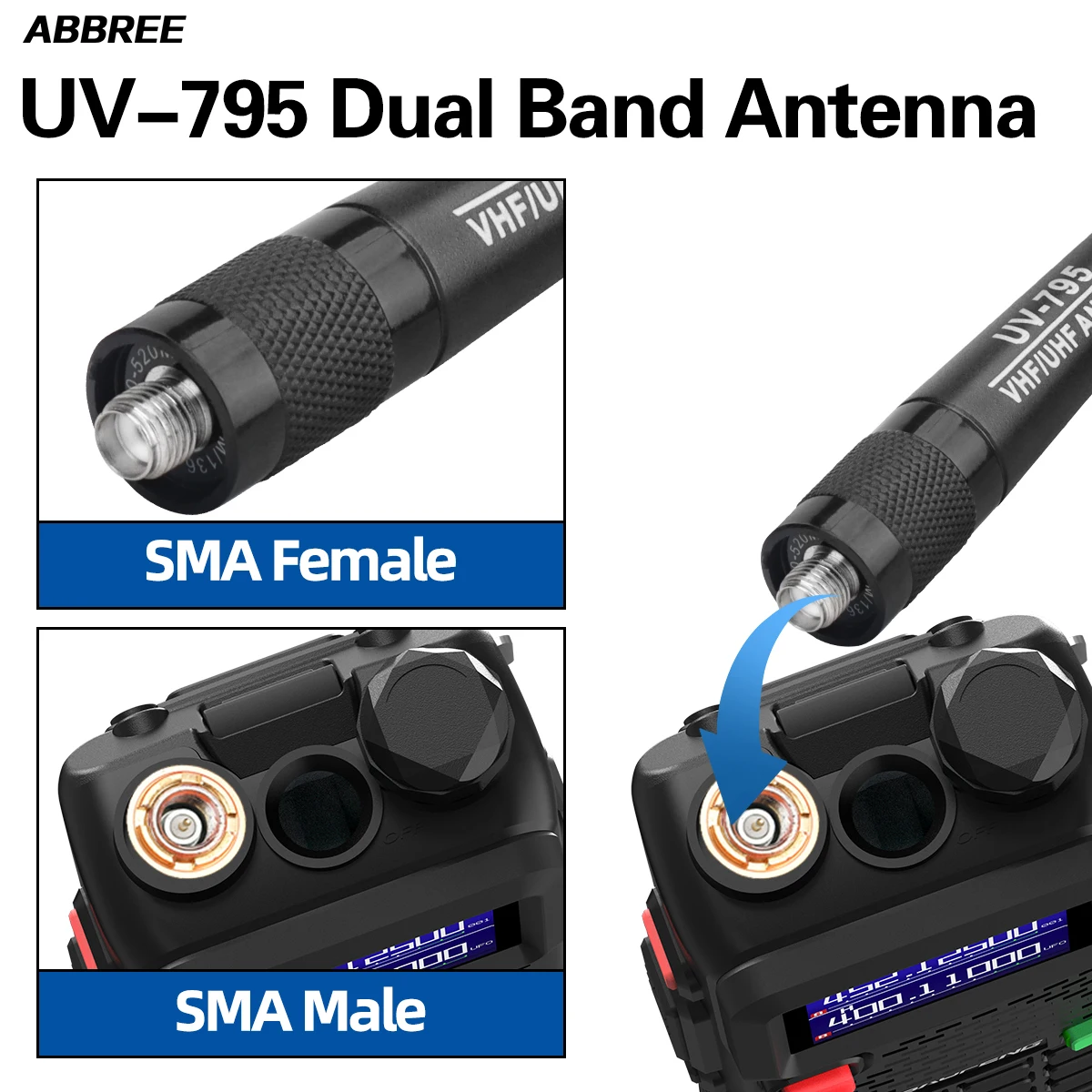 ABBREE UV-795 antena doble banda SMA alta ganancia para Baofeng