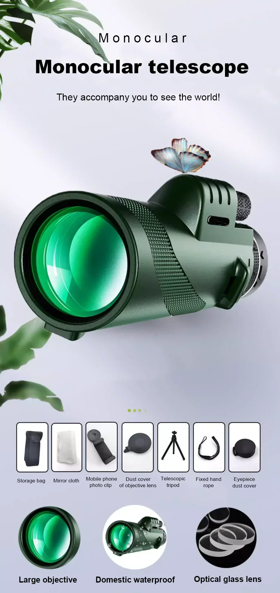 Monocular 80x100 con trípode y clip para móvil