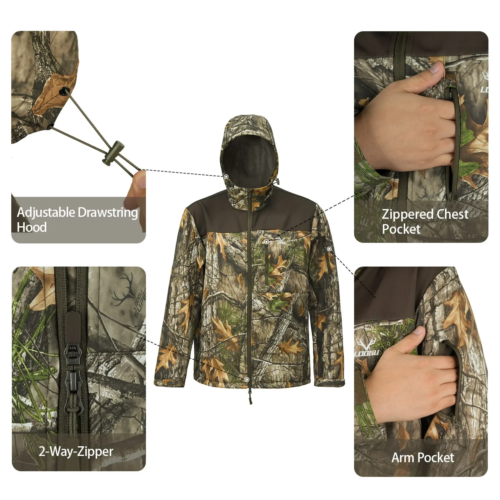 Chaqueta táctica softshell con capucha camuflaje hoja impermeable