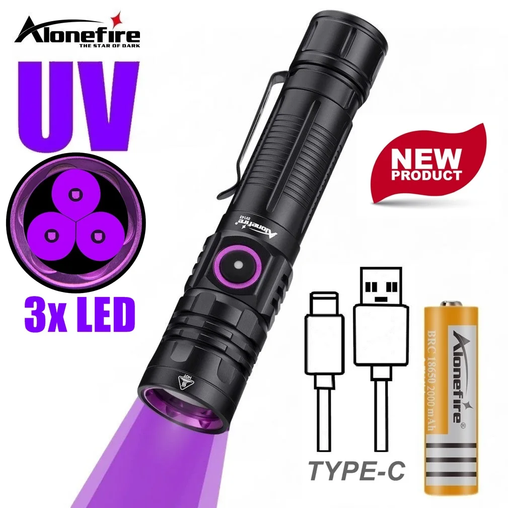 Linterna LED UV 365nm/395nm recargable USB luz negra profesional