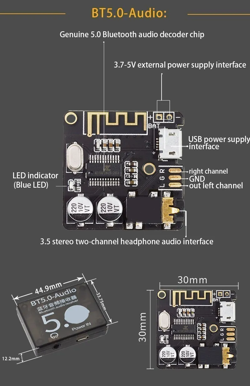 Módulo Bluetooth compacto para audio estéreo