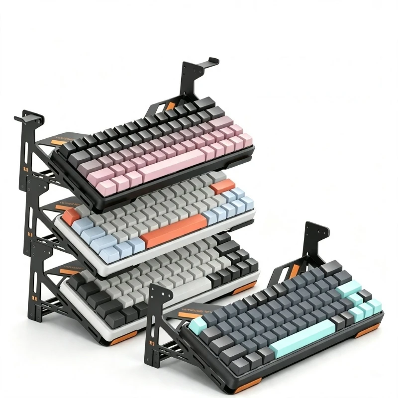 Soporte metálico inclinado para exhibir teclado con topes protectores