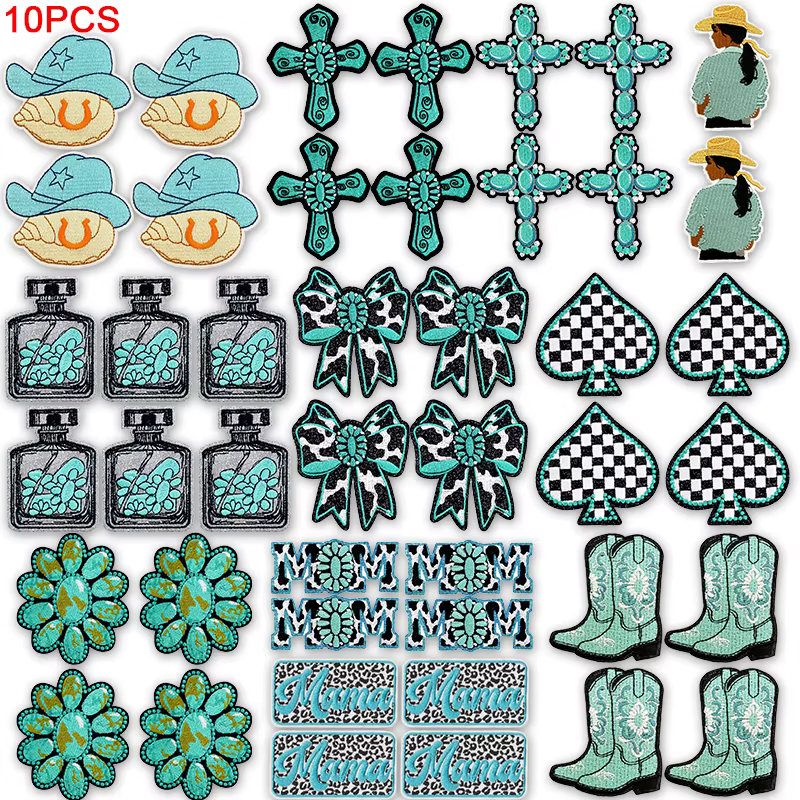Parches termoadhesivos bordados estilo vaquero turquesa con lazo y flor