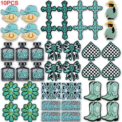 Parches termoadhesivos bordados estilo vaquero turquesa con lazo y flor