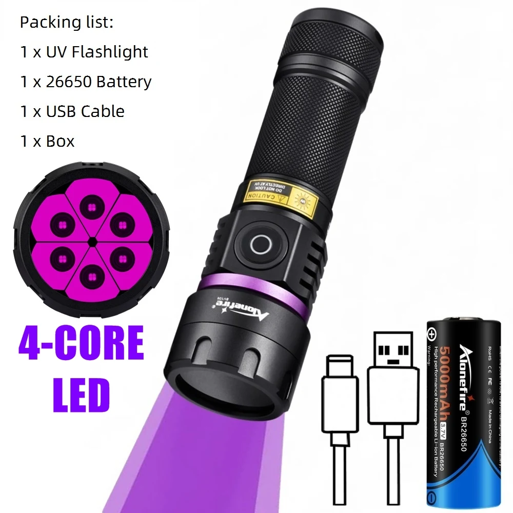 Linterna UV encendida en entorno oscuro