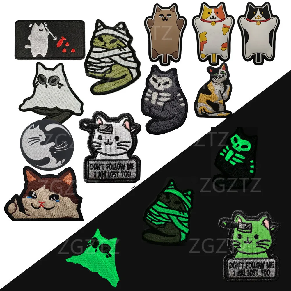 Parche táctico Meowdy gato fosforescente bordado para ropa - imagen 5