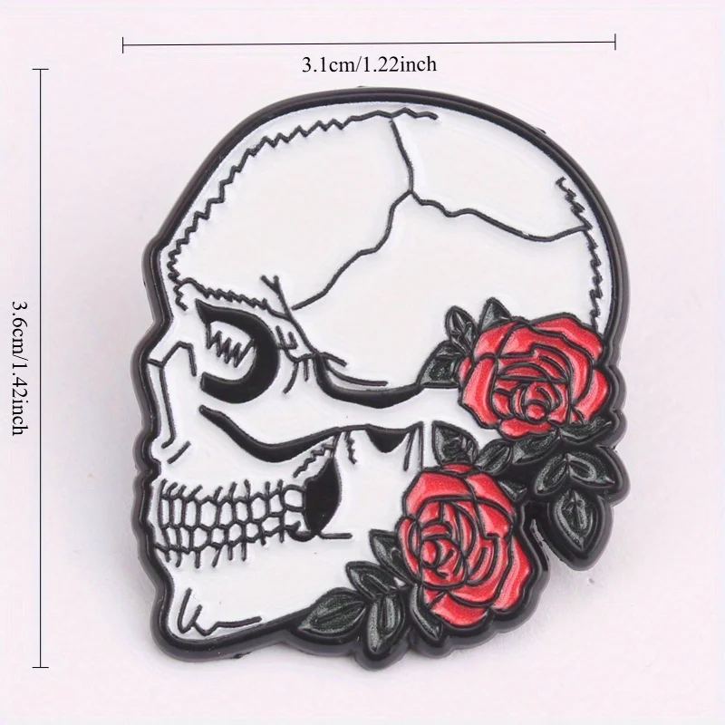 Pin esmaltado calavera gótica con rosa carmesí y detalles hueso - imagen 2