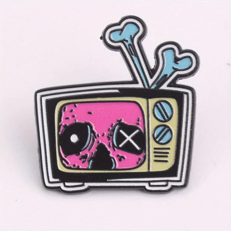 Pin retro terror TV: calavera rayos de cátodo neón, joya oscura - imagen 5