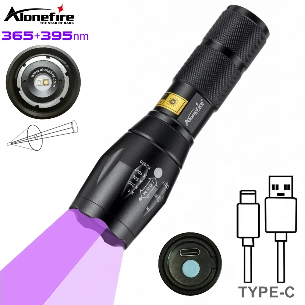 Linterna UV LED con zoom y carga USB-C para tinta invisible 365-395nm - imagen 2