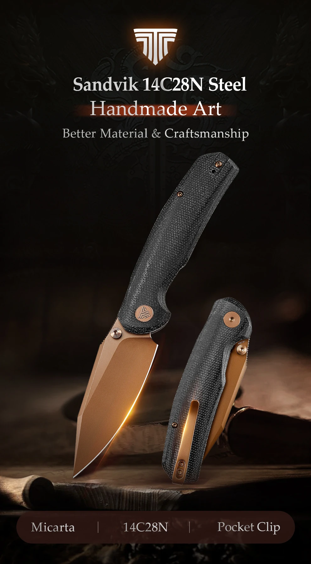 Vista del cuchillo EDC TRIVISA Hornet-BM con mango de Micarta