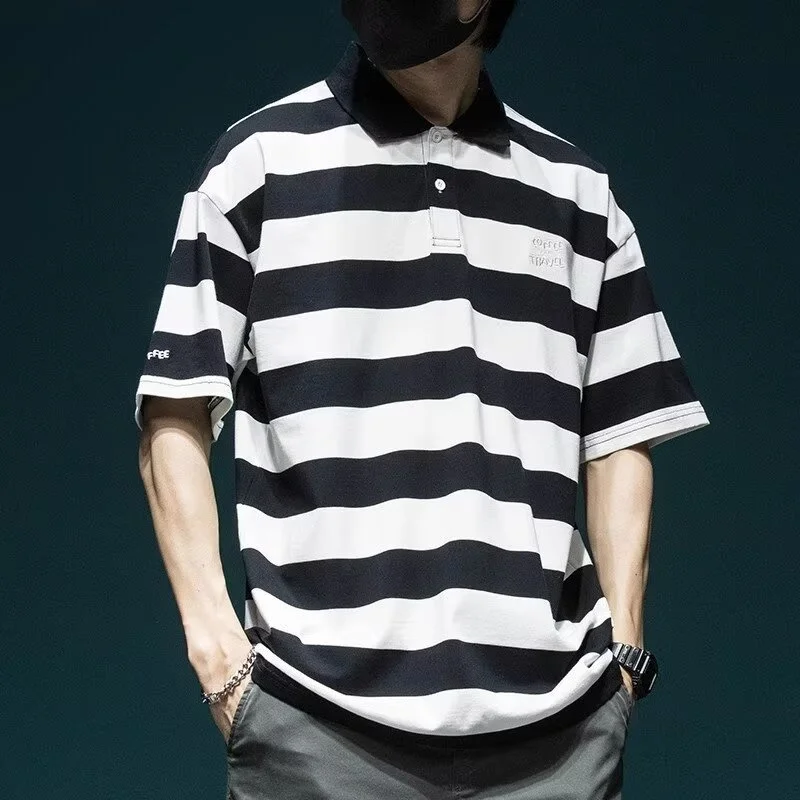 Polo táctico de golf a rayas para hombre, manga corta vintage - imagen 3