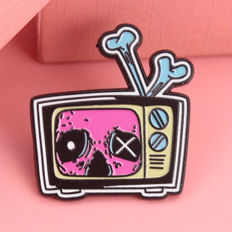 Pin retro terror TV: calavera rayos de cátodo neón, joya oscura