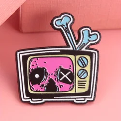 Pin retro terror TV: calavera rayos de cátodo neón, joya oscura