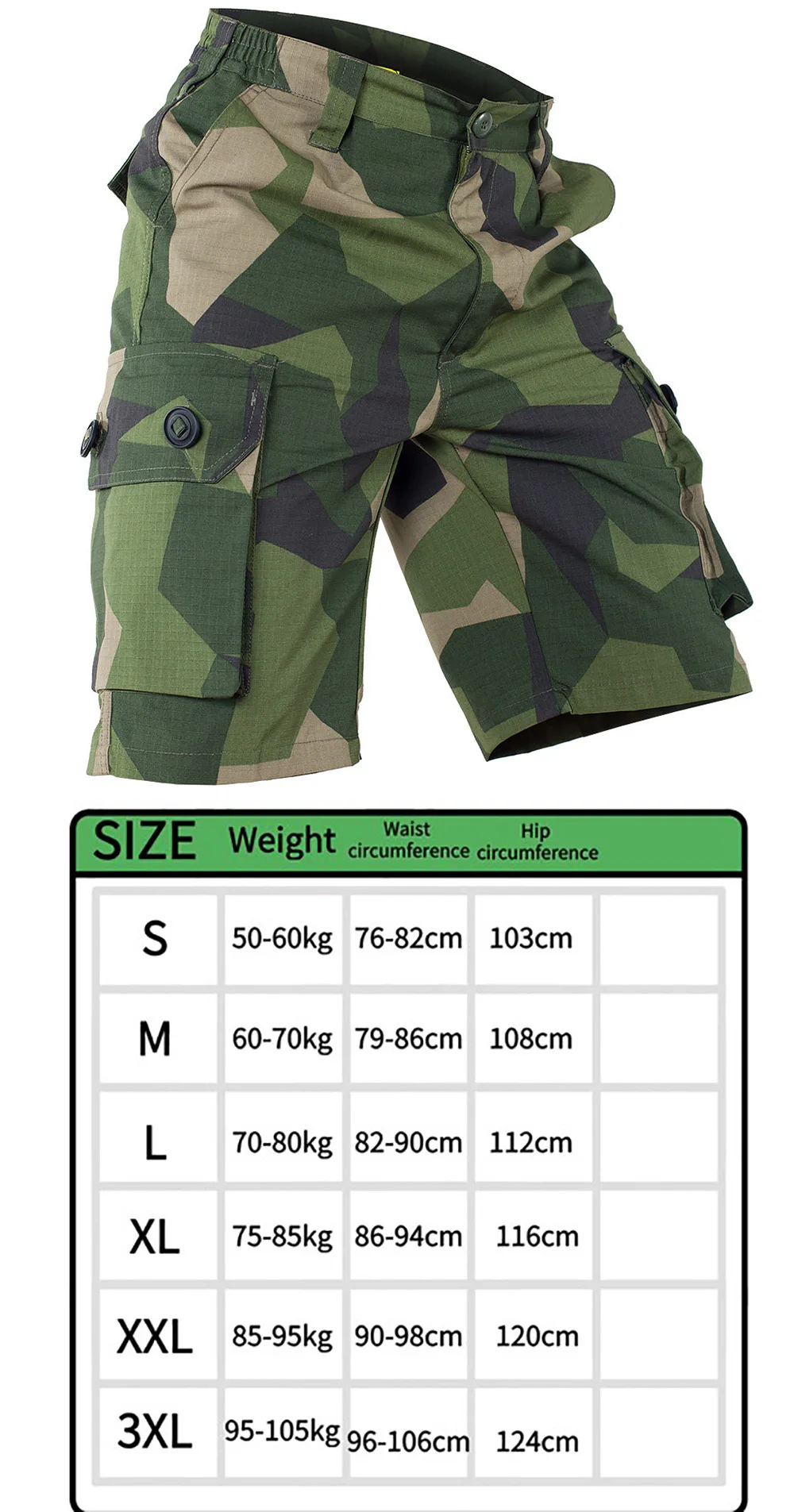 Camuflaje geométrico Swedish M90 en bermudas tácticas
