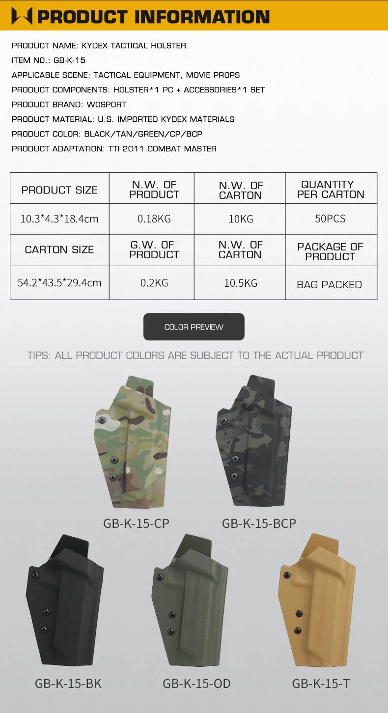 Funda táctica Kydex con clip de liberación rápida en cinturón