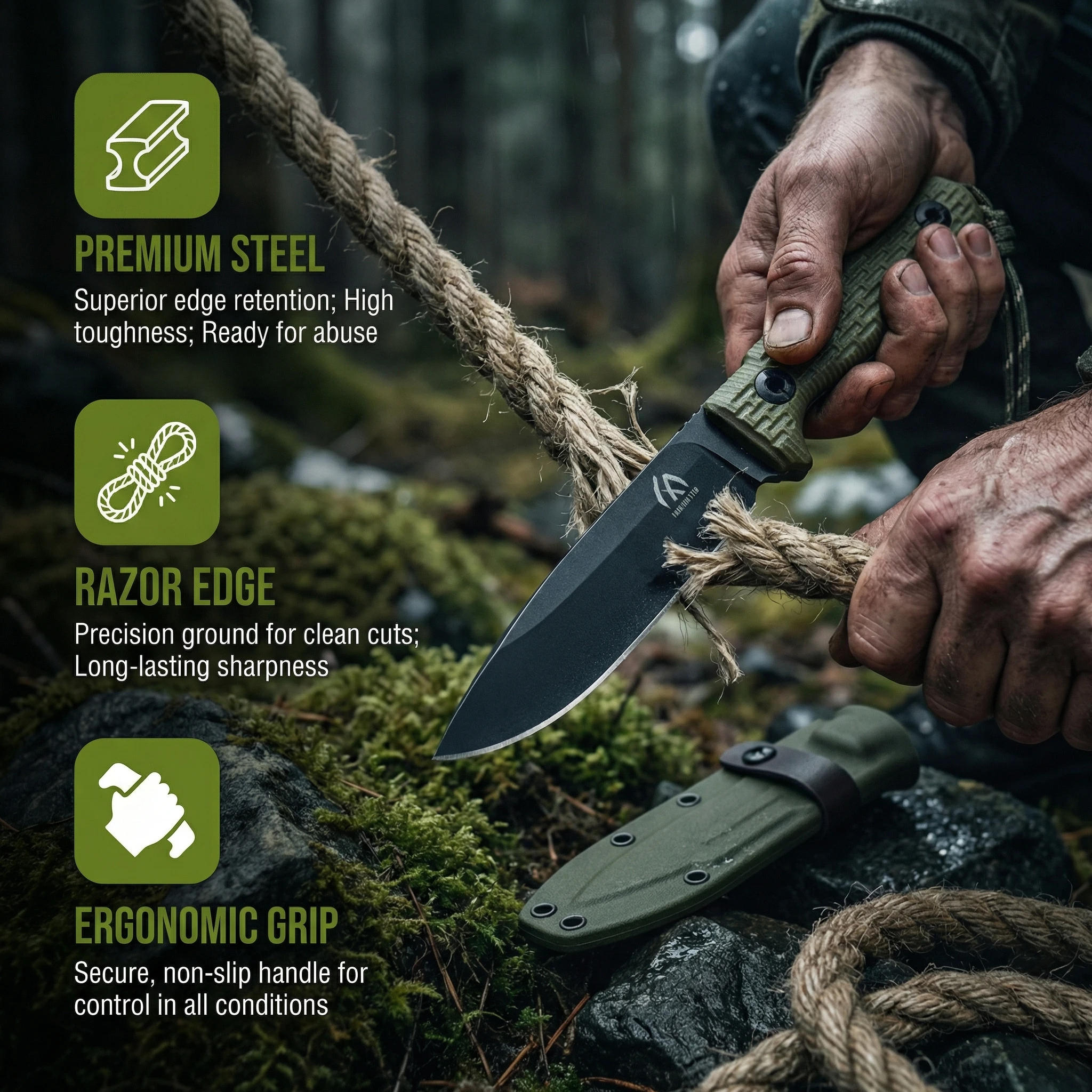 Cuchillo hoja fija táctico G10 con funda para exteriores - imagen 2
