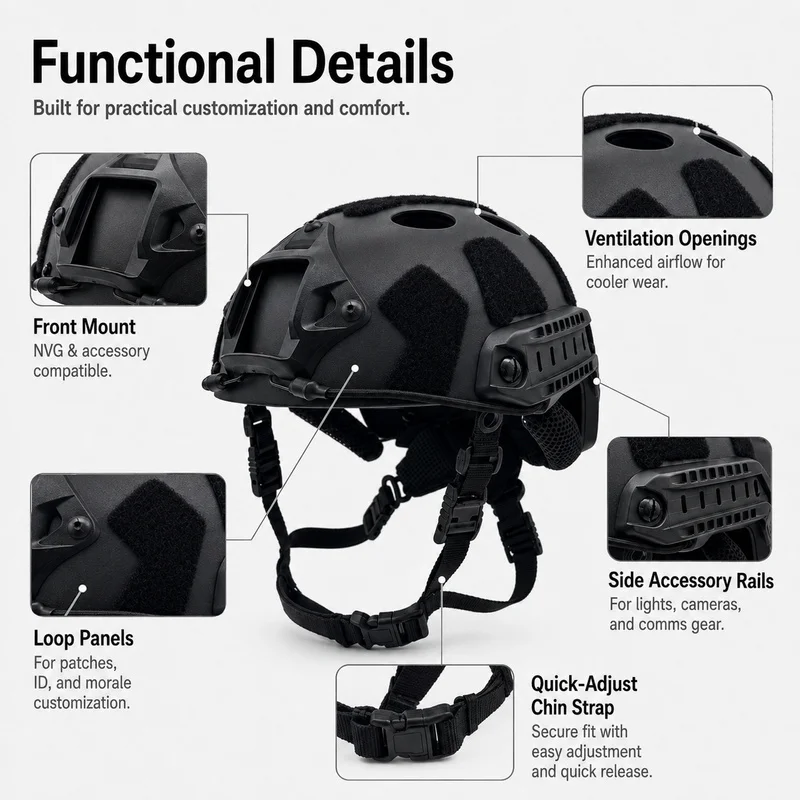 Casco FAST PJ para airsoft con rieles laterales y montaje frontal