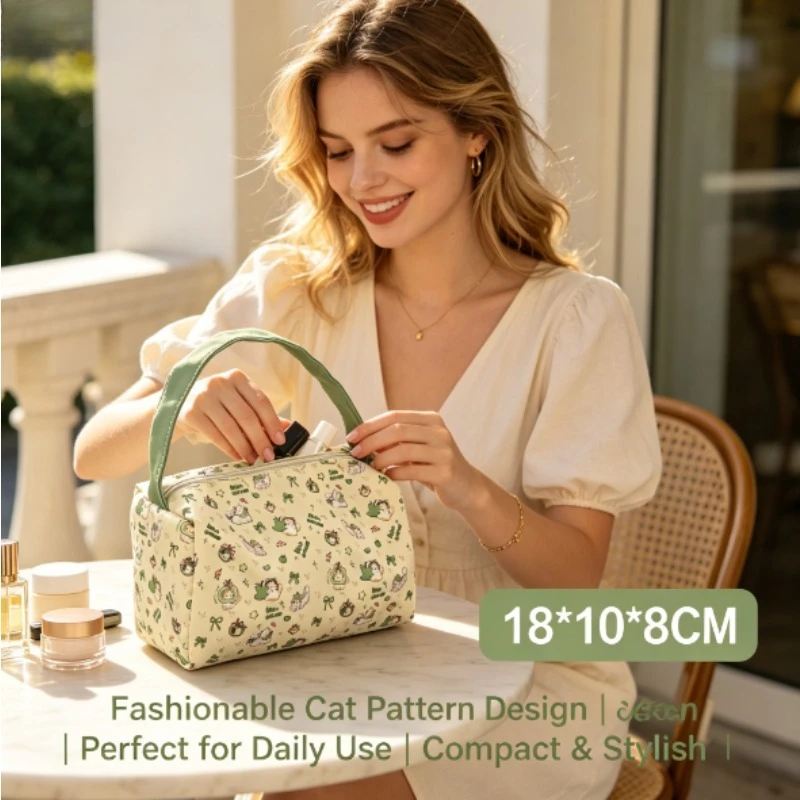 Bolsa de cosméticos gato y manzana verde – gran capacidad verano - imagen 3