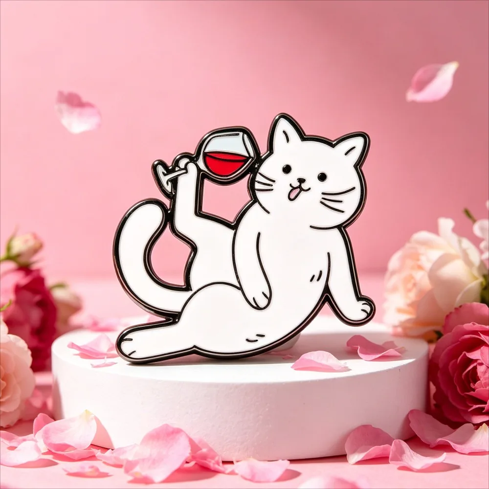 Insignias de esmalte gatito blanco bebiendo vino para bolsos y ropa - imagen 5