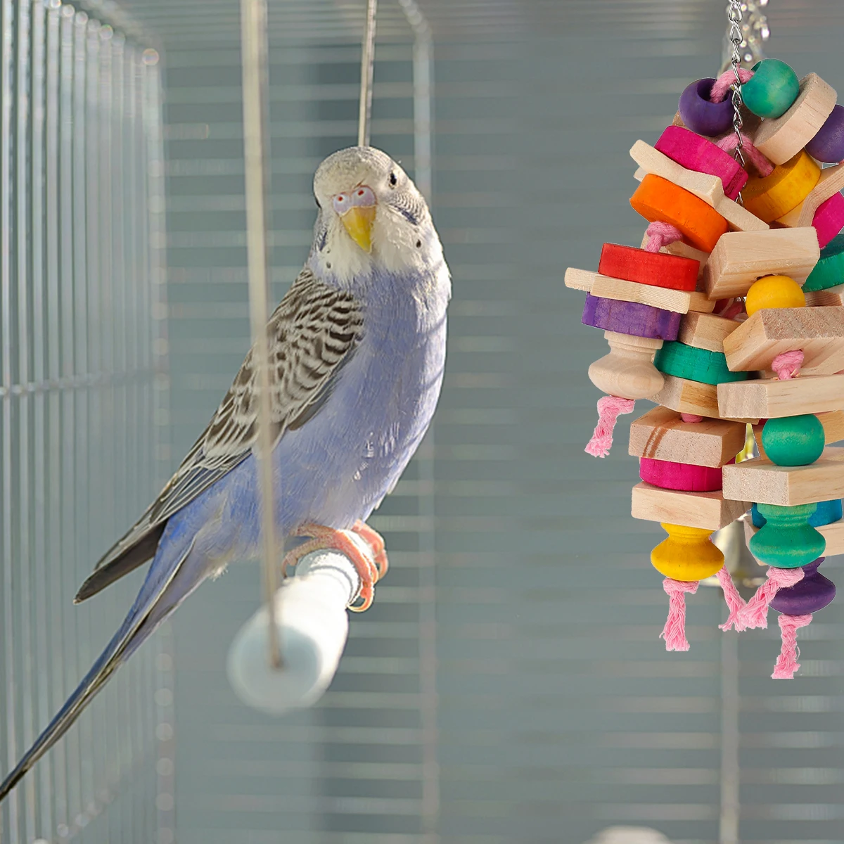 Juguetes para loros masticar: nudos y bloques madera colgantes