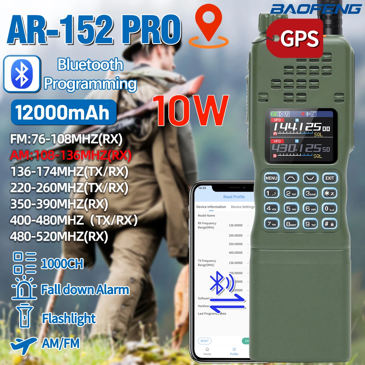 Radio Baofeng AR-152 PRO GPS táctica portátil alta potencia largo alcance