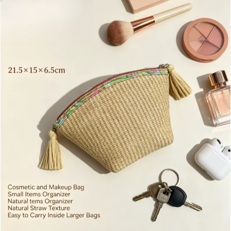 Bolso cosmético de tejido con cremallera, borla y portátil pastoral - imagen 3