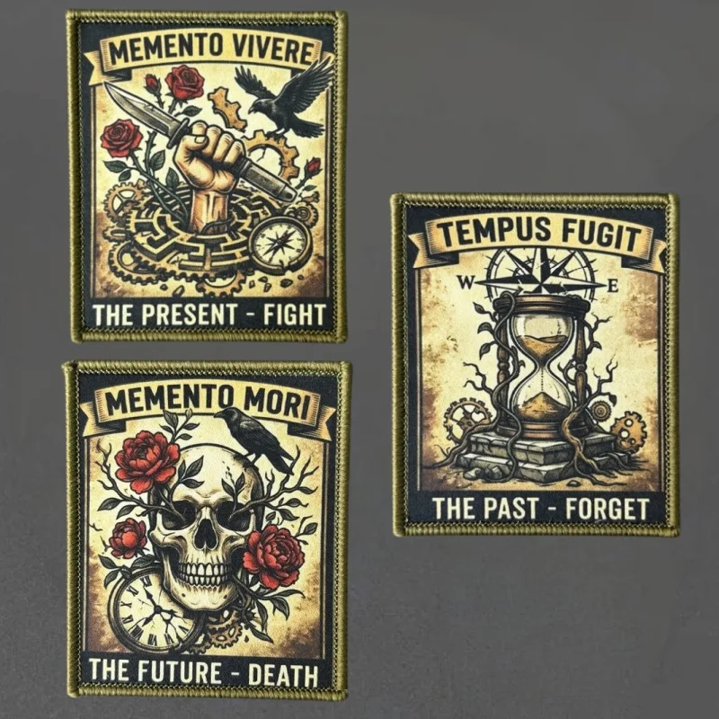 Parche táctico bordado Memento Mori calavera con rosa y velcro - imagen 4