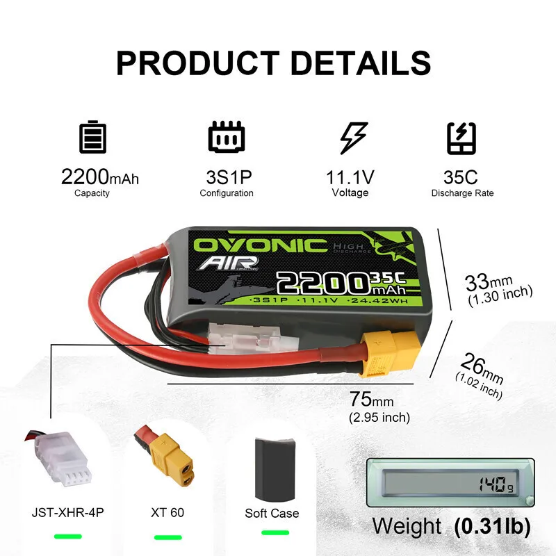 OVONIC Batería LiPo 3S 11.1V 2200mAh 35C XT60 drone FPV - imagen 2