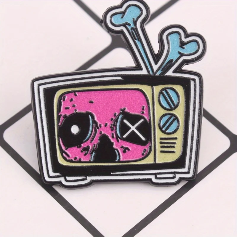 Pin retro terror TV: calavera rayos de cátodo neón, joya oscura - imagen 3