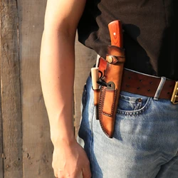Tourbon Funda cuchillo hoja fija cuero marrón cierre botón cinturón