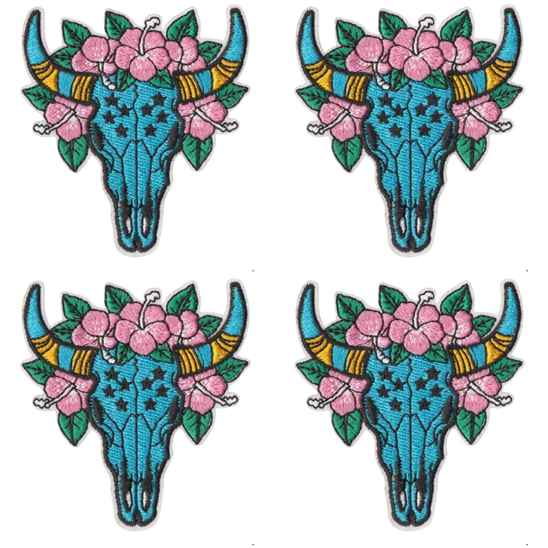 Parches termoadhesivos bordados estilo Oeste toro, pistola, rosa y flor
