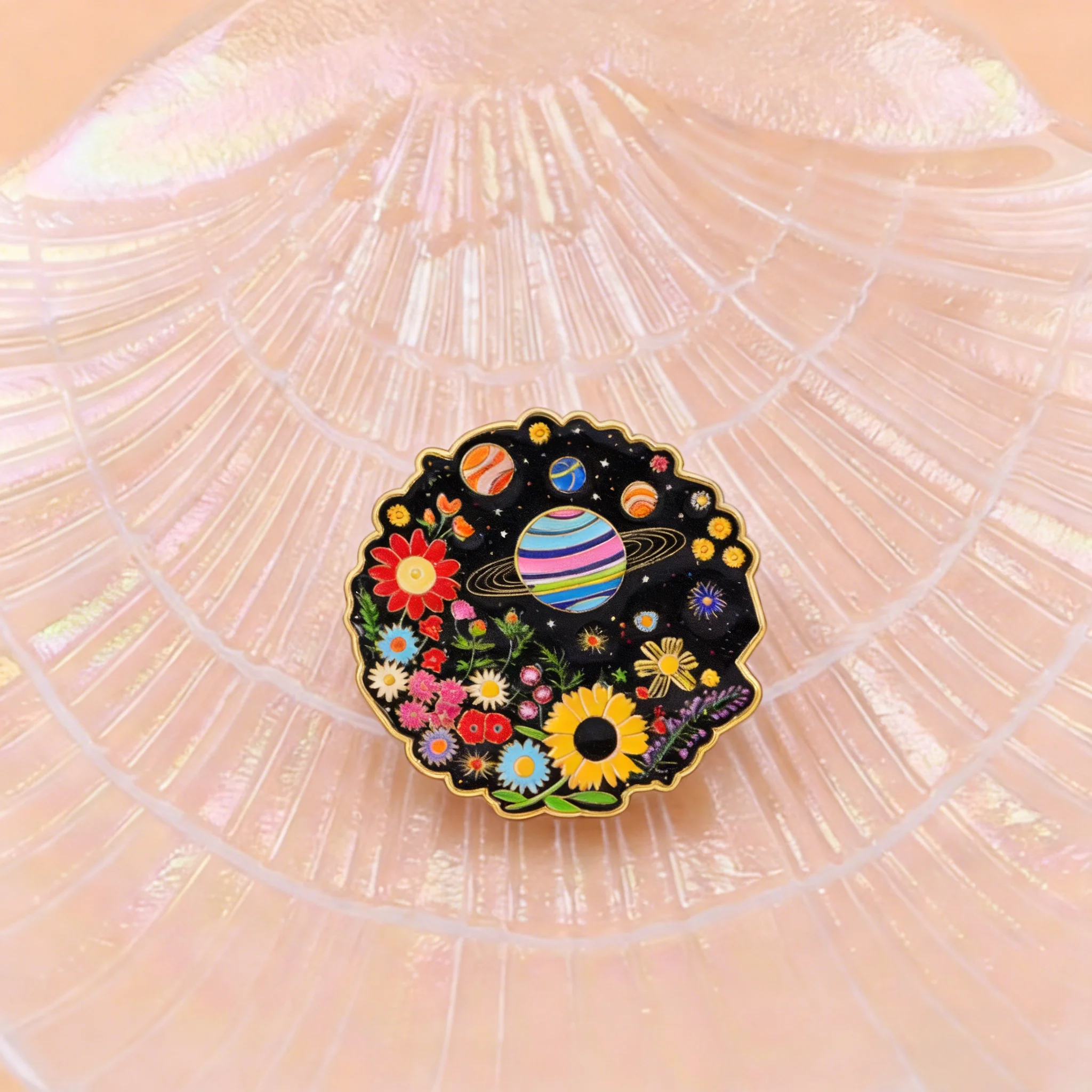 Pin esmaltado espacial planeta y flor para mochila, solapa - imagen 3