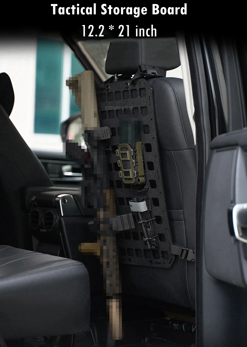 Panel táctico rígido MOLLE instalado en el respaldo de un asiento de coche