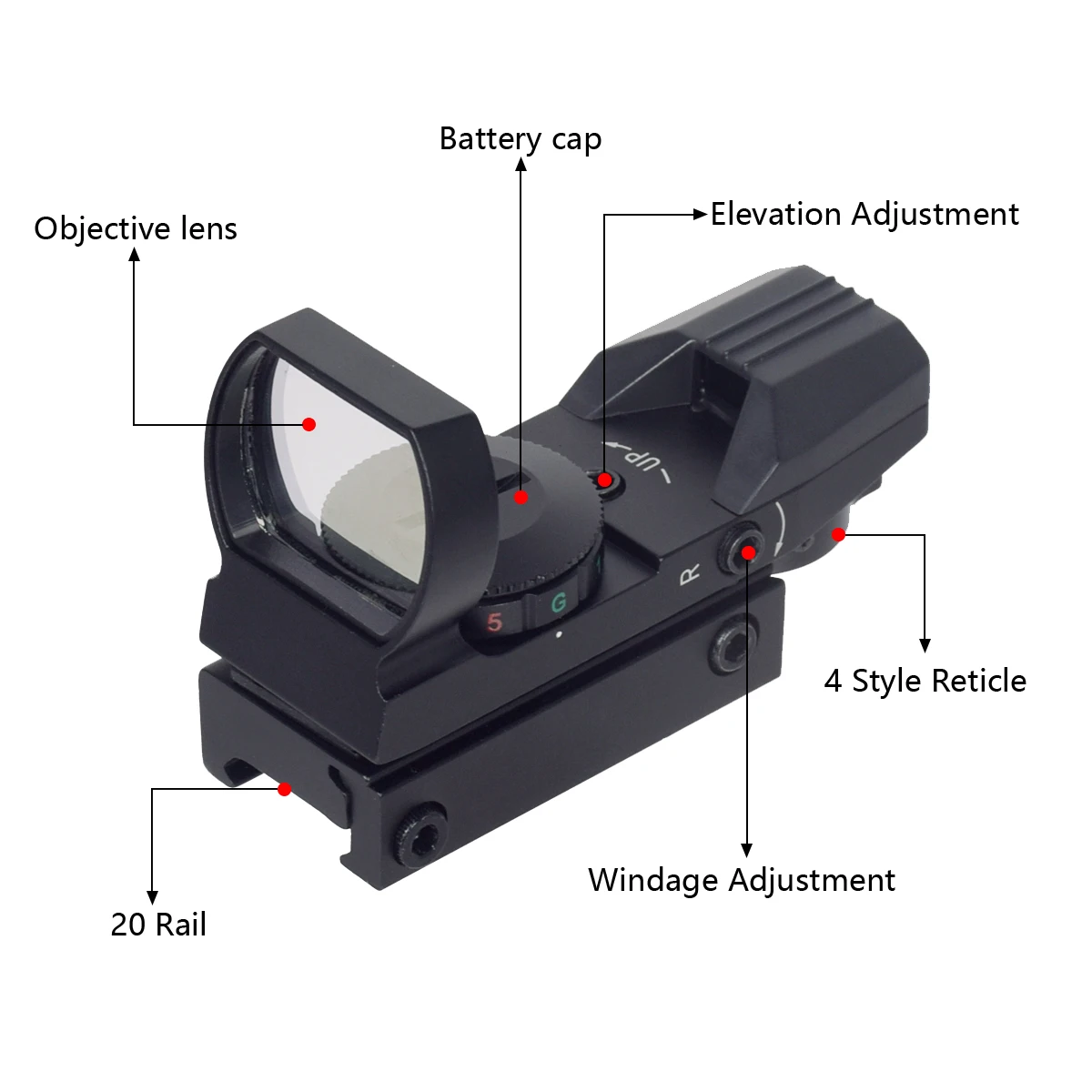 Mira táctica holográfica punto rojo y verde 20mm rail MOLLE - imagen 3