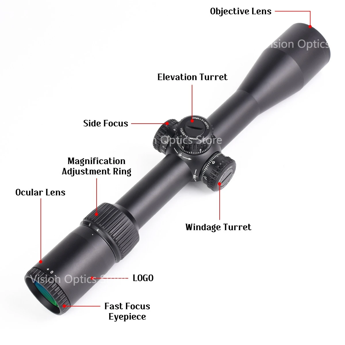 Primer plano visor táctico Optics VT FFP retícula EBR-2C para caza