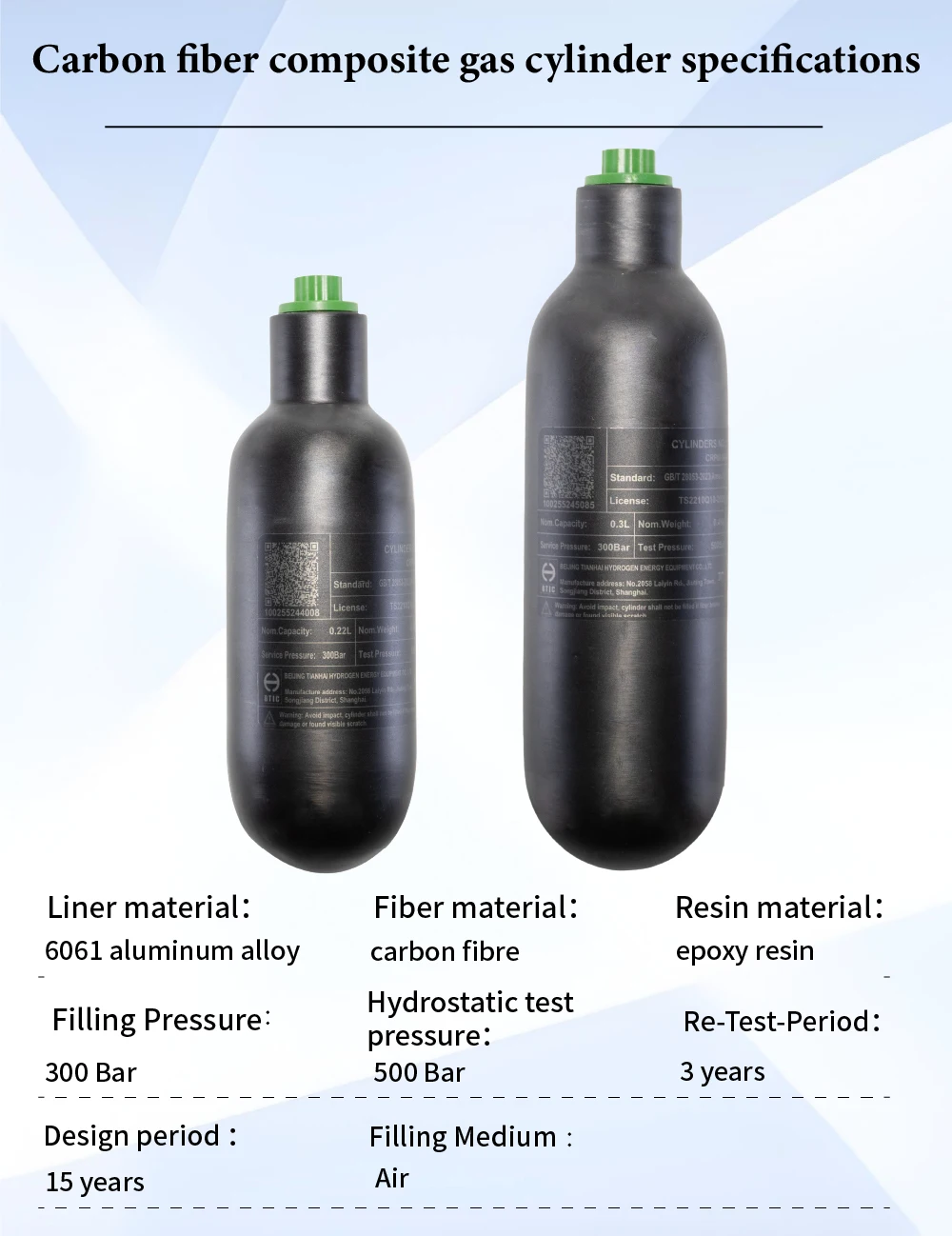 Tanque de buceo HPA de fibra de carbono 0,22L/0,3L