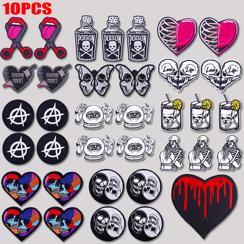 Lote de parches bordados con diseños de mariposa, corazón y calavera