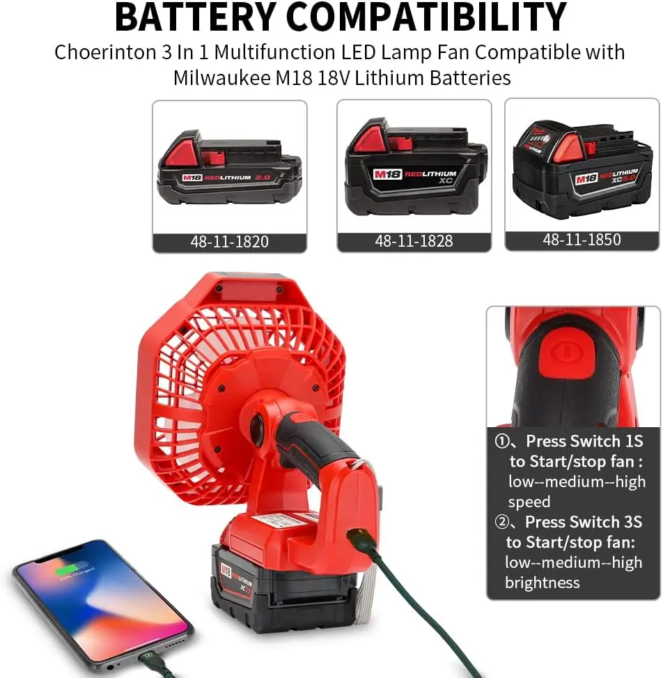 Ventilador de mano USB-A con LED para baterías Makita Bosch DeWalt - imagen 3