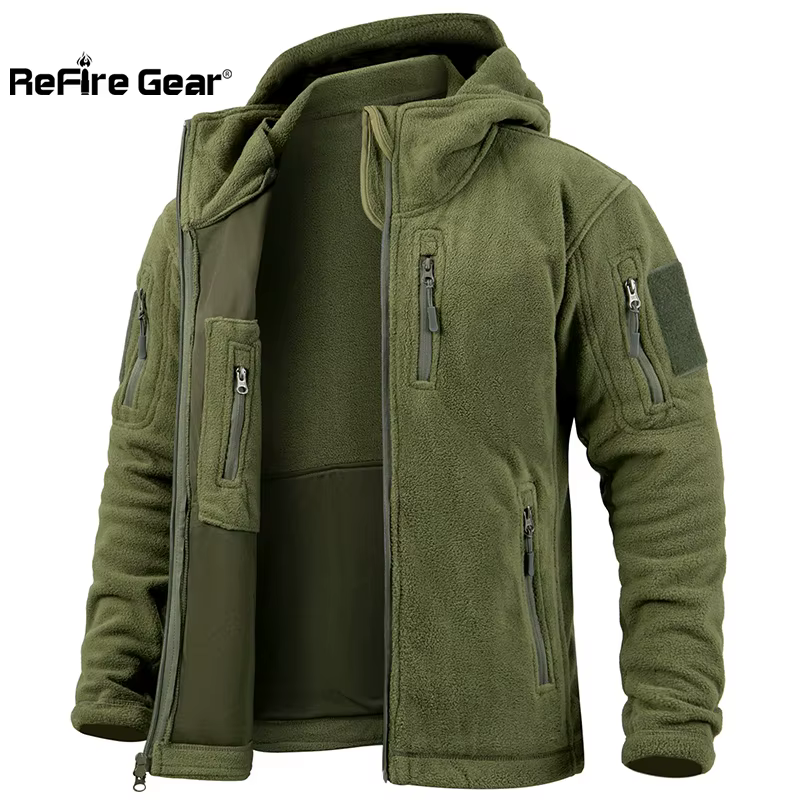 Chaqueta táctica de forro polar con capucha y bolsillos – Invierno