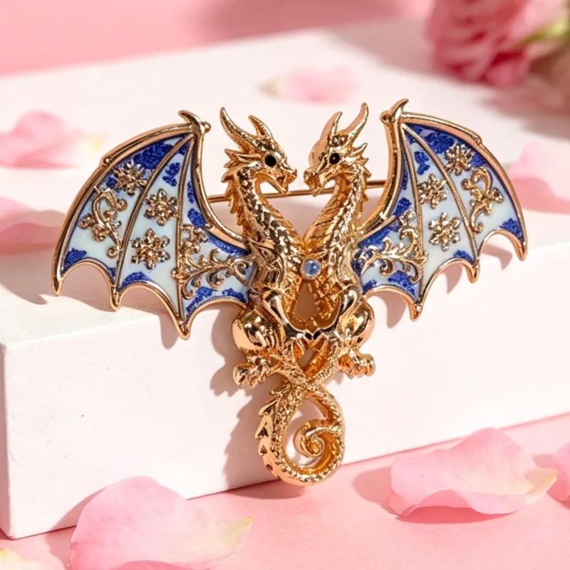Broche porcelana azul marino con pin de solapa estilo vintage dragón