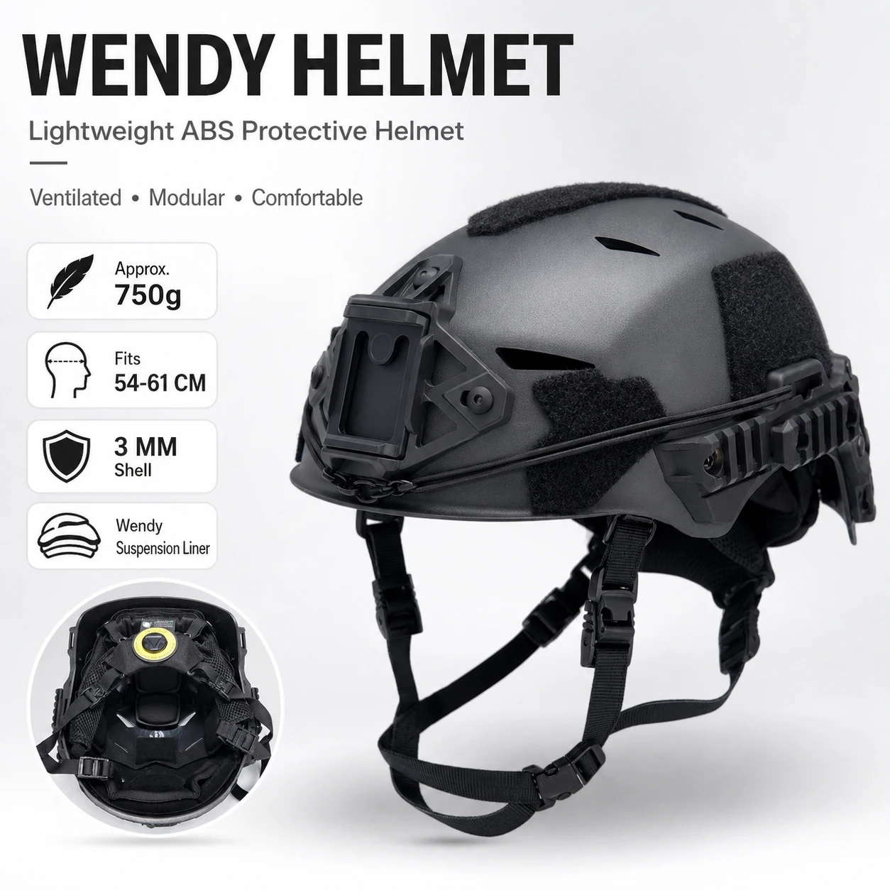 Casco FAST MH negro con diseño modular para airsoft