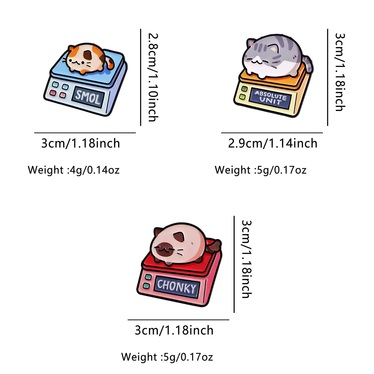 Comparativa de tamaño y detalle de los tres diseños de gato