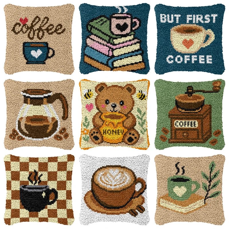 Funda de cojín bordada café con gancho, ideal para sofá