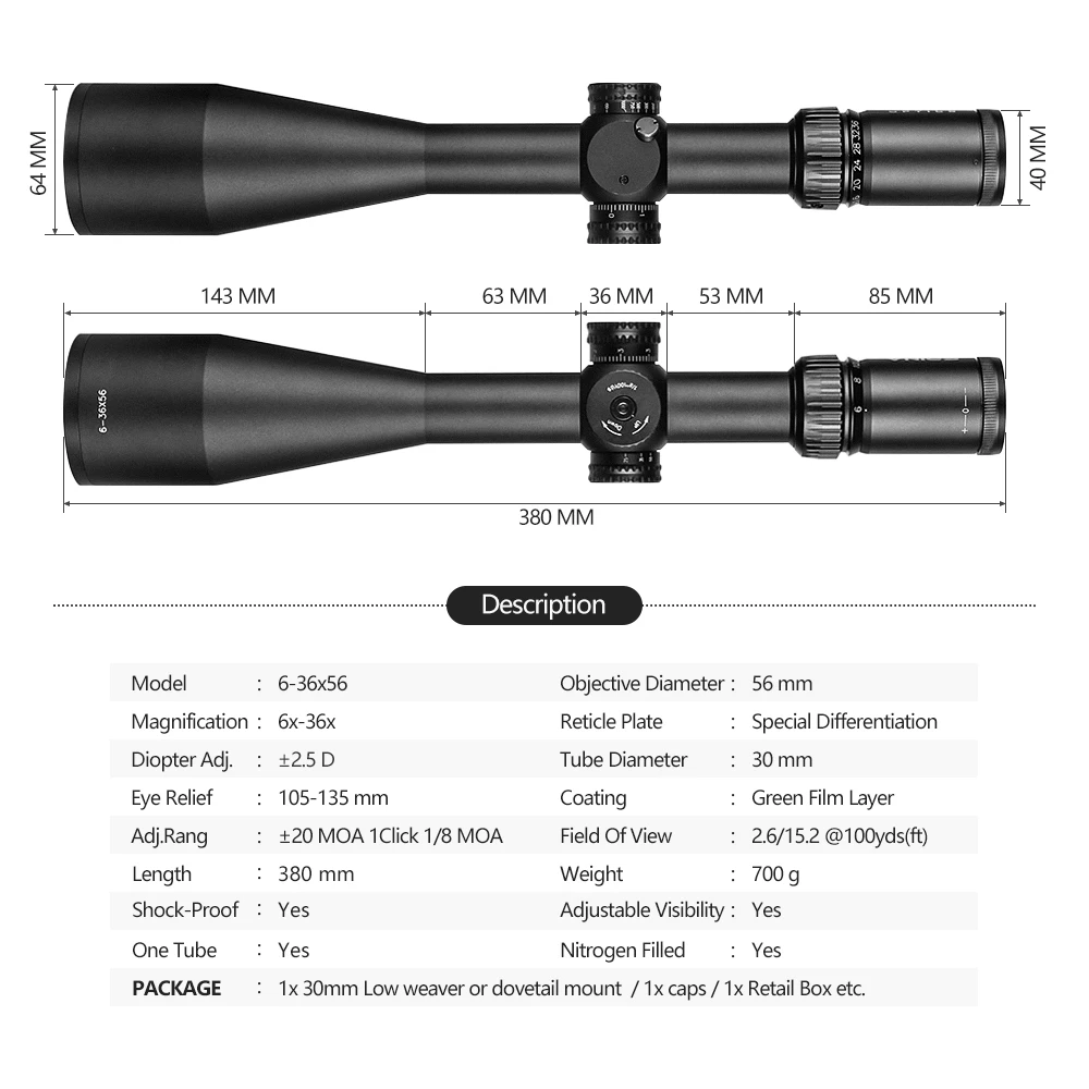 Spina Optics 6-36x56 SF – Mira táctica Mil-dot con torreta lateral - imagen 4