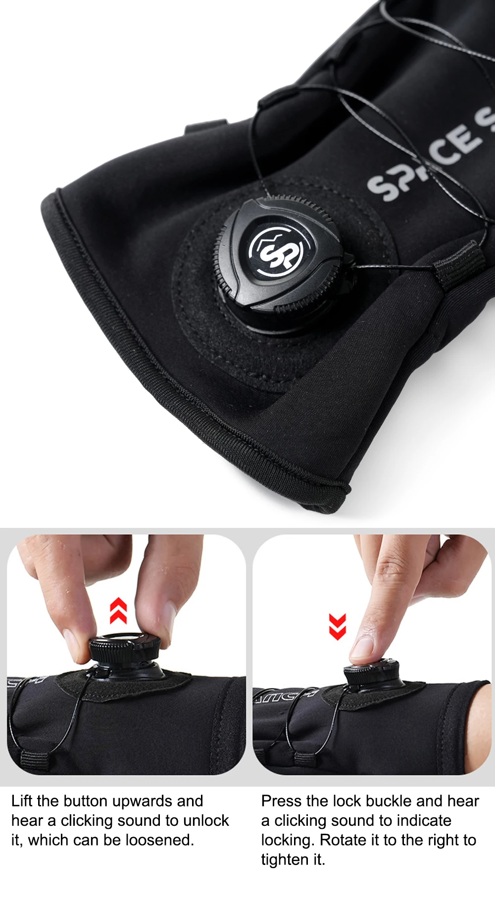 Detalle de la hebilla para ajuste en los guantes