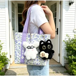 Bolsa bandolera de lona morada con margaritas estilo japonés