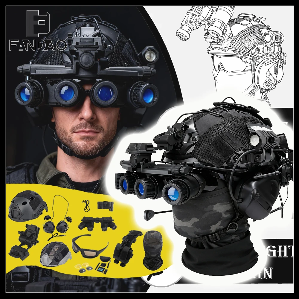 Casco táctico airsoft con NVG, auriculares, linterna y gafas