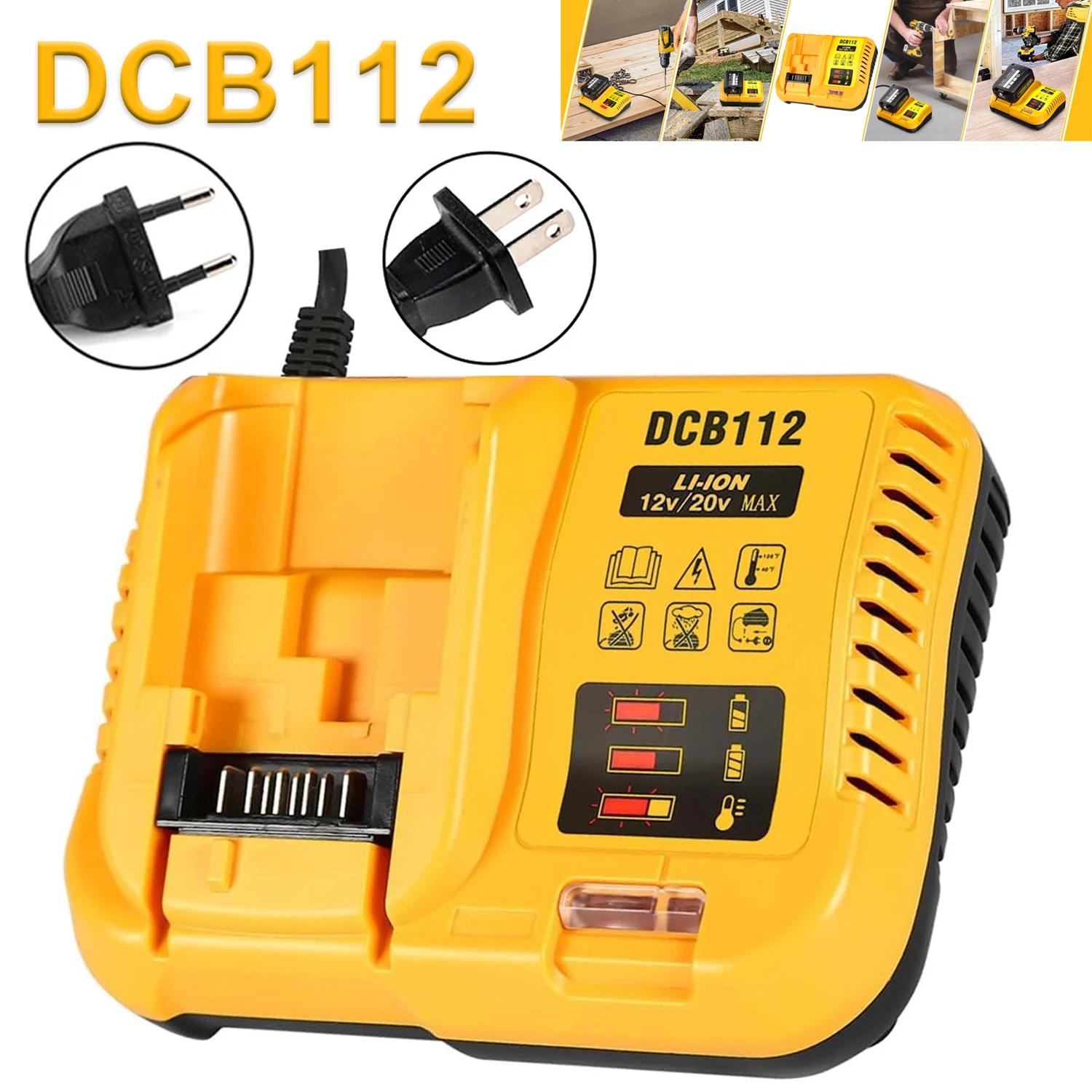 Cargador Dewalt DCB112 para baterías recambio compatible, enchufe UE/US