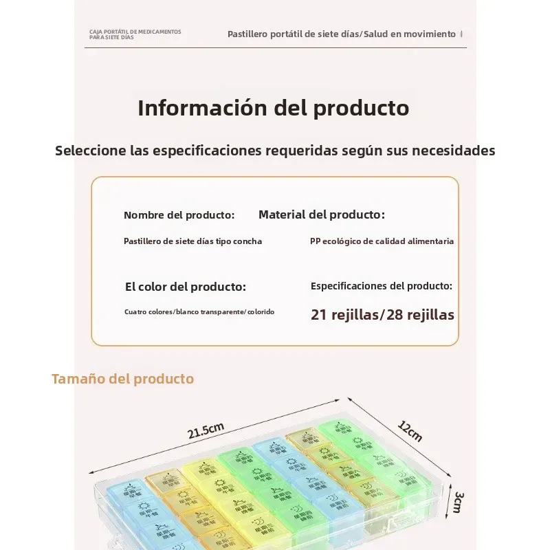 Caja de medicamentos portátil semanal plástico con compartimentos - imagen 3