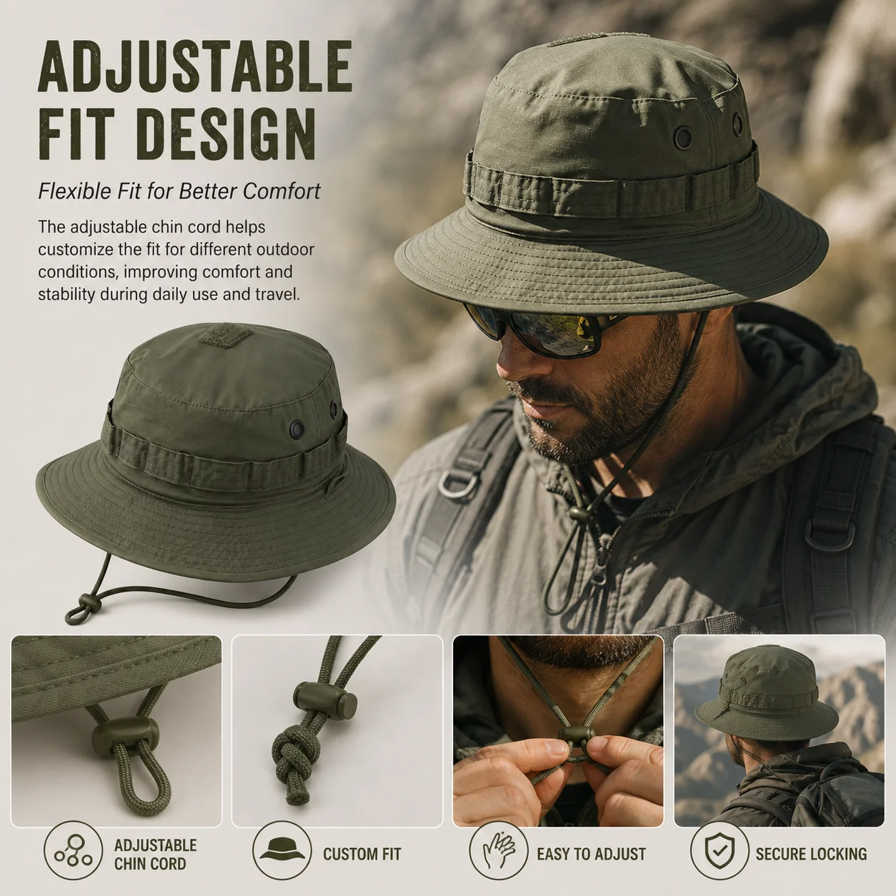 Sombrero Boonie Táctico con Malla Transpirable y Cordón Ajustable - imagen 5